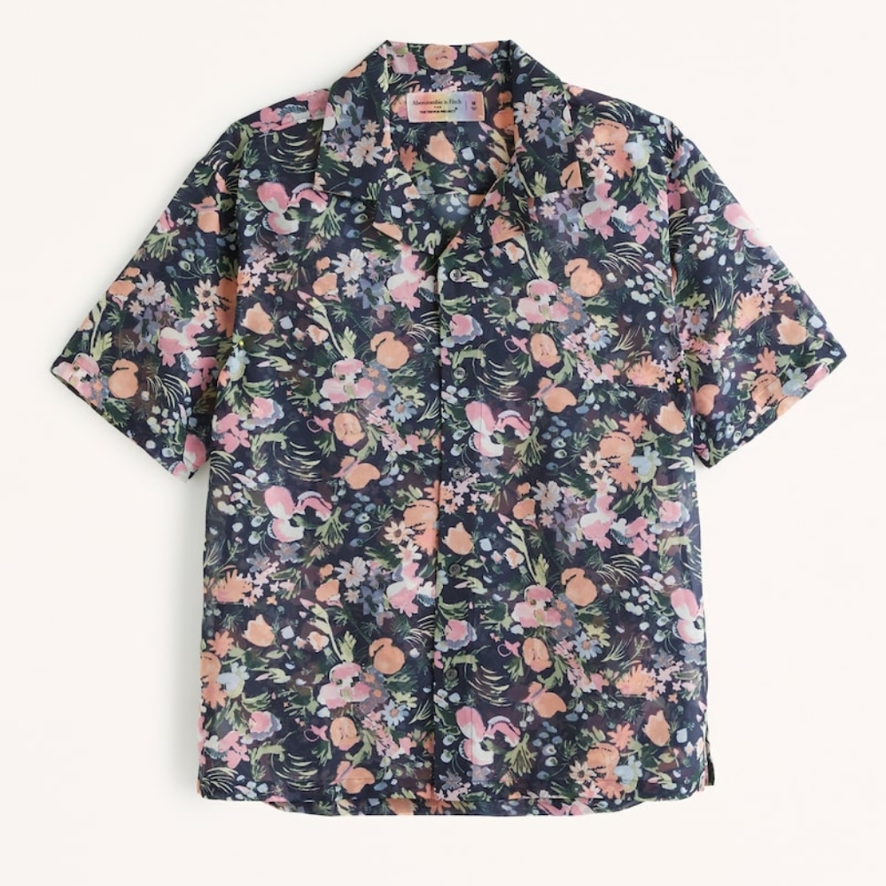 NWT Abercrombie & Fitch Pride camp collar sheer floral button up Sz Small